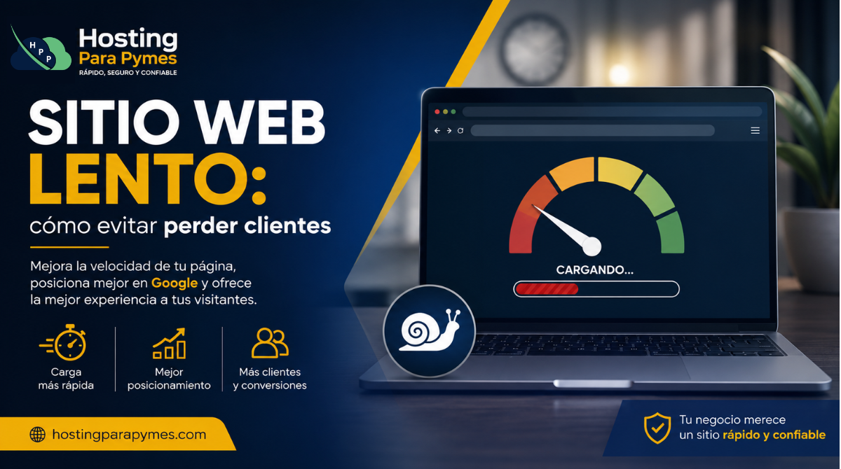 Sitio web lento cargando en una computadora con consejos para mejorar la velocidad y evitar perder clientes